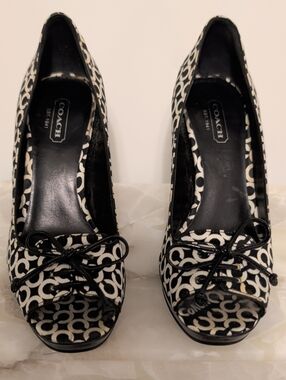Coach Black & White Signature Peep-Toe Heels with Bow